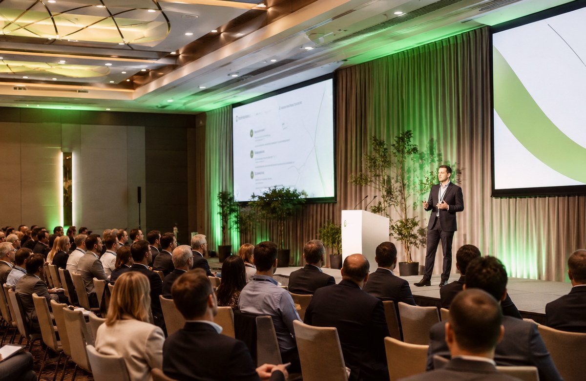 Conference auditorium with a professional presentation setup