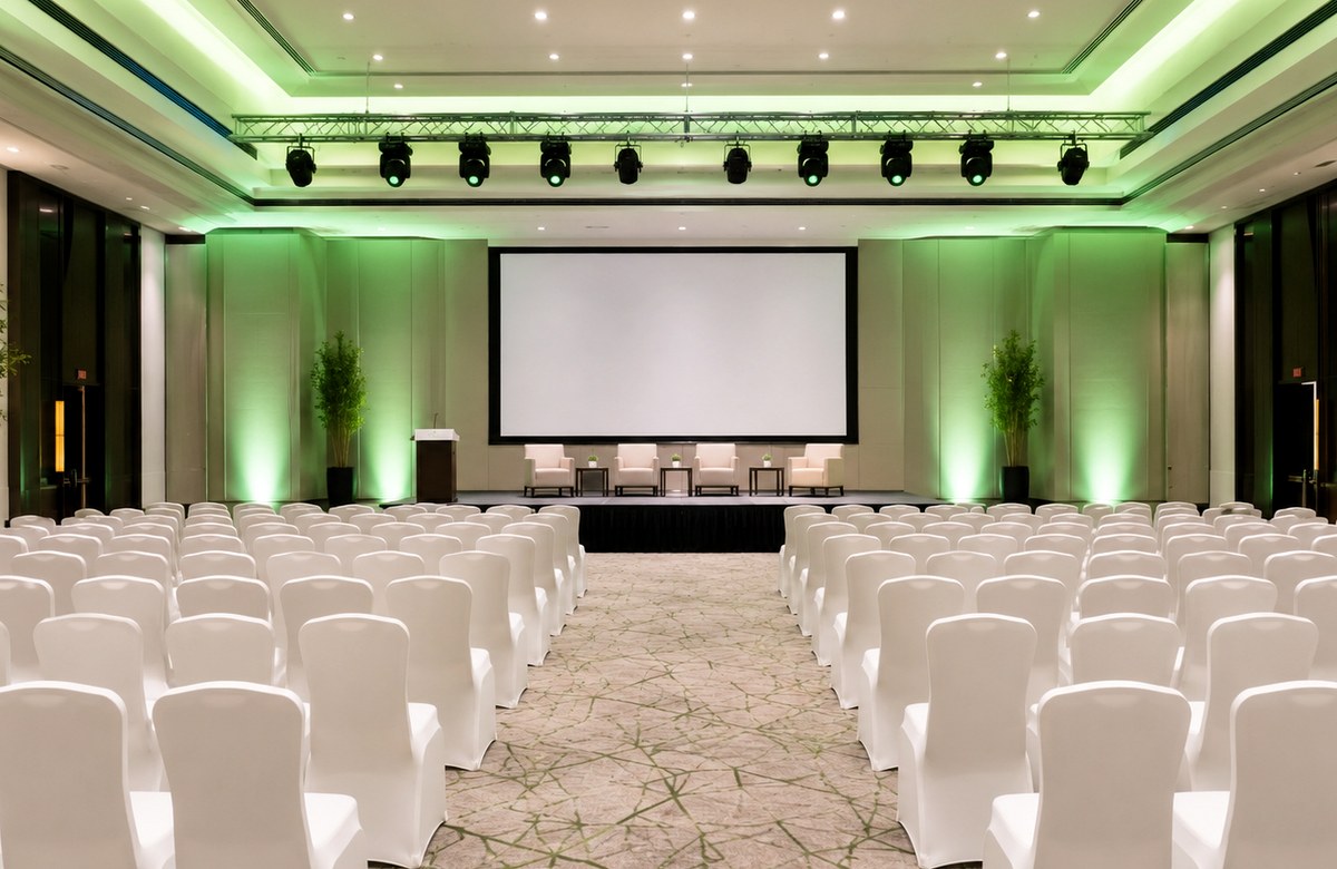 Large convention hall with professional stage and seating